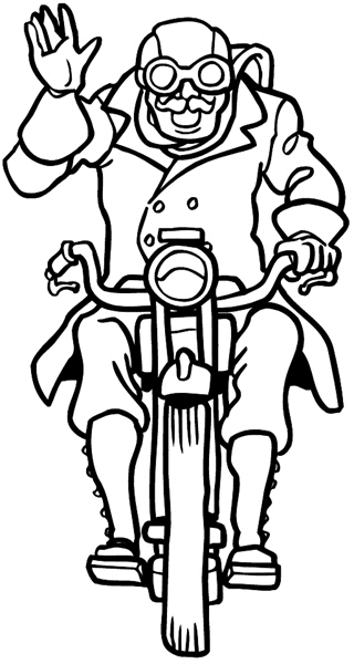Senior citizen waving from motor bike vinyl sticker. Customize on line.  Bicycles Motorcycles 009-0126  